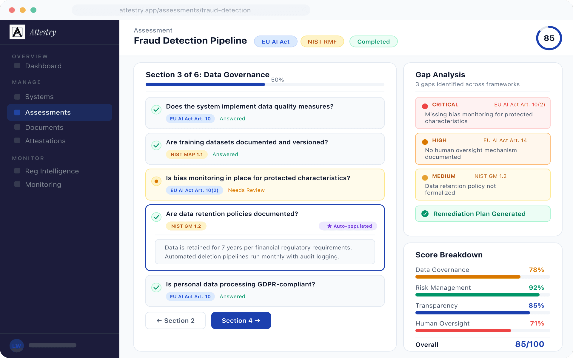 Assessment engine showing per-framework questionnaire with article-level questions, scoring, and gap remediation tasks
