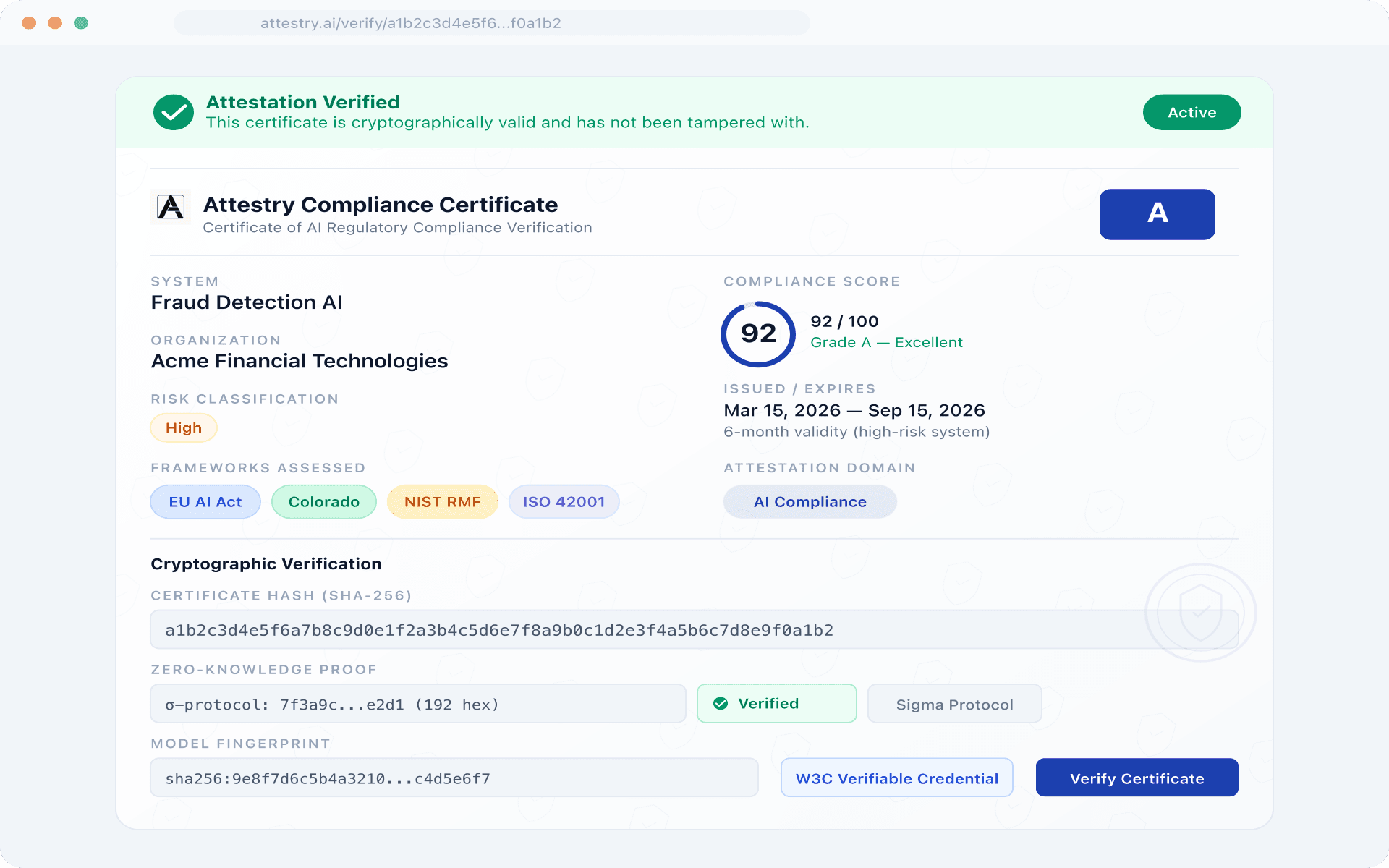 Attestation certificate showing SHA-256 hash, framework list, expiry date, QR-coded verify URL, and revocation status