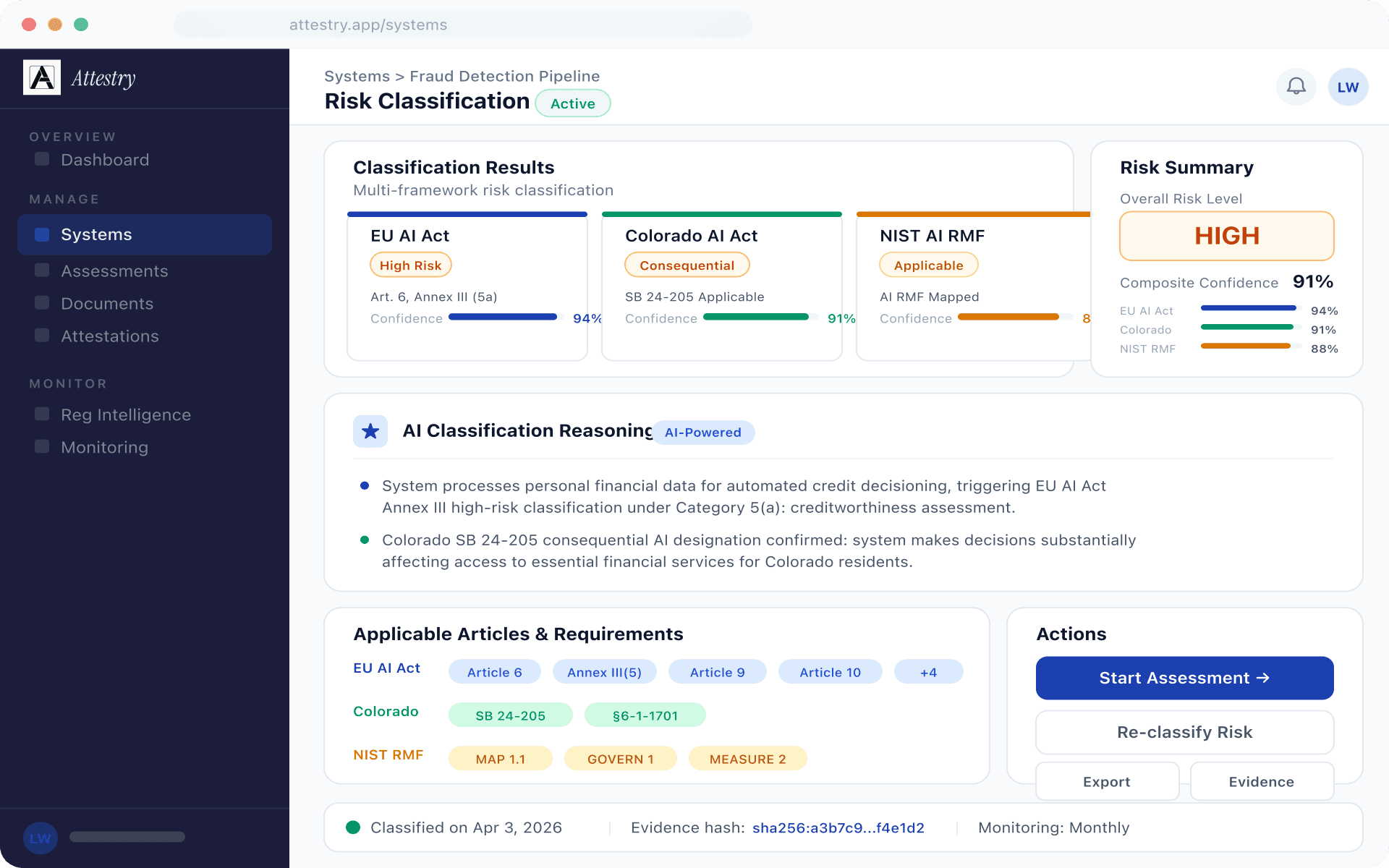 Risk classification engine displaying multi-framework risk tiers with article citations
