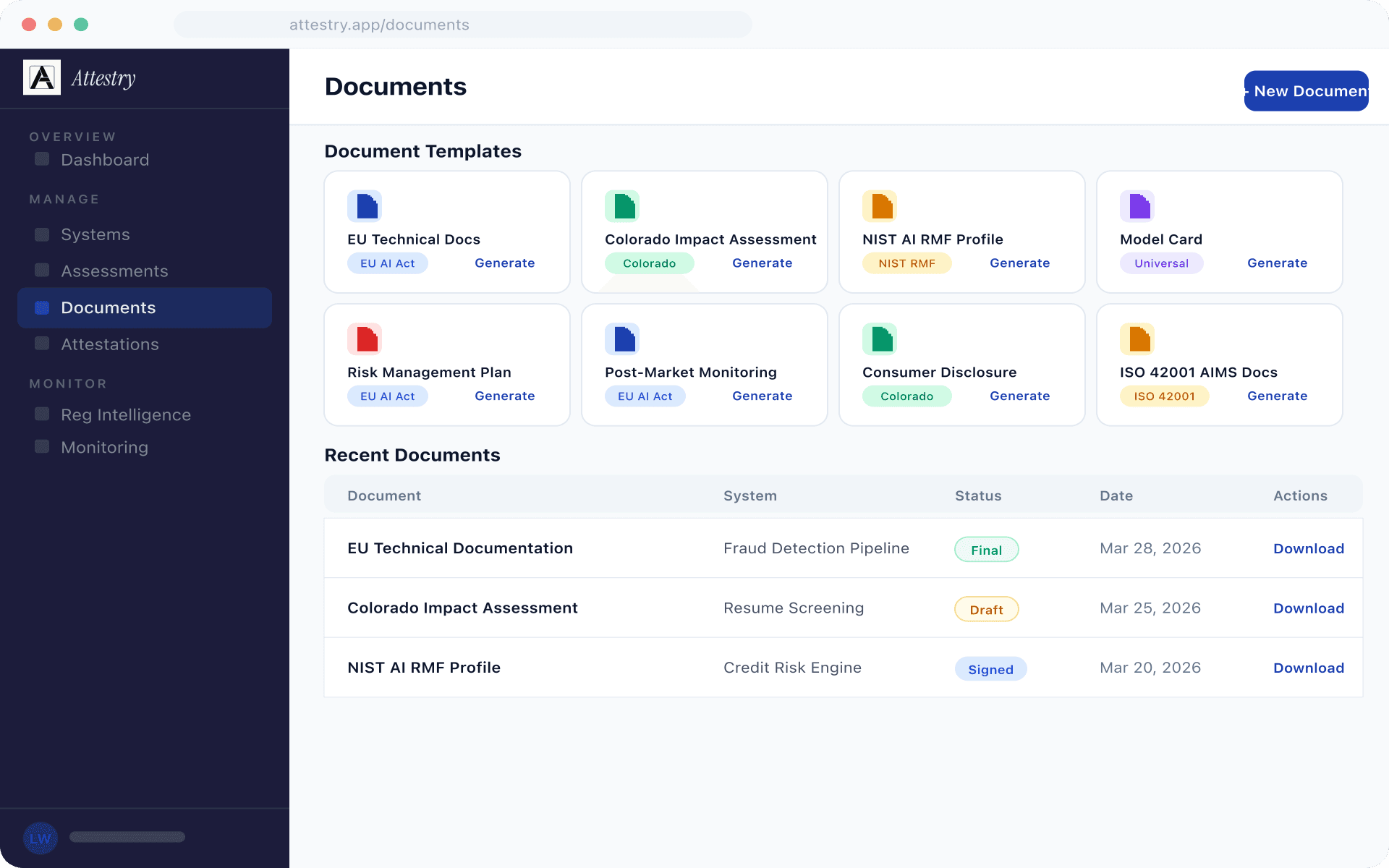 Generated EU AI Act technical documentation file showing structured sections, regulatory citations, and download options