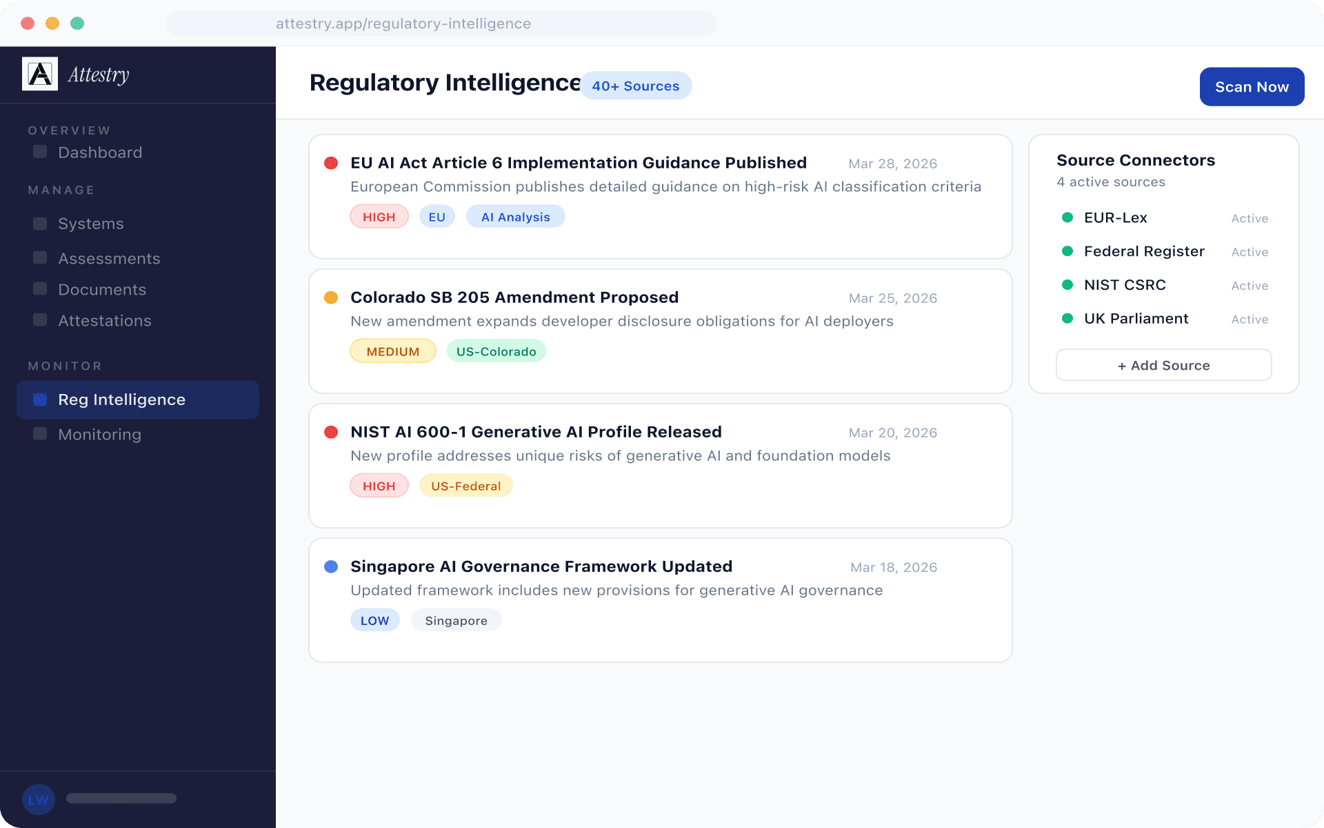 Regulatory intelligence feed showing analyzed regulatory changes with severity badges, jurisdiction tags, and effective dates