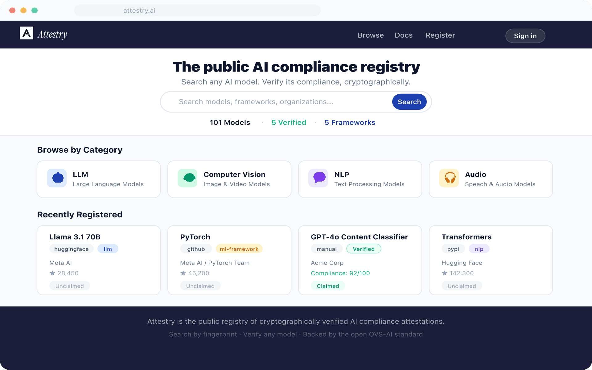 Public model registry showing recent registrations, framework filters, leaderboard, and regulatory impact links