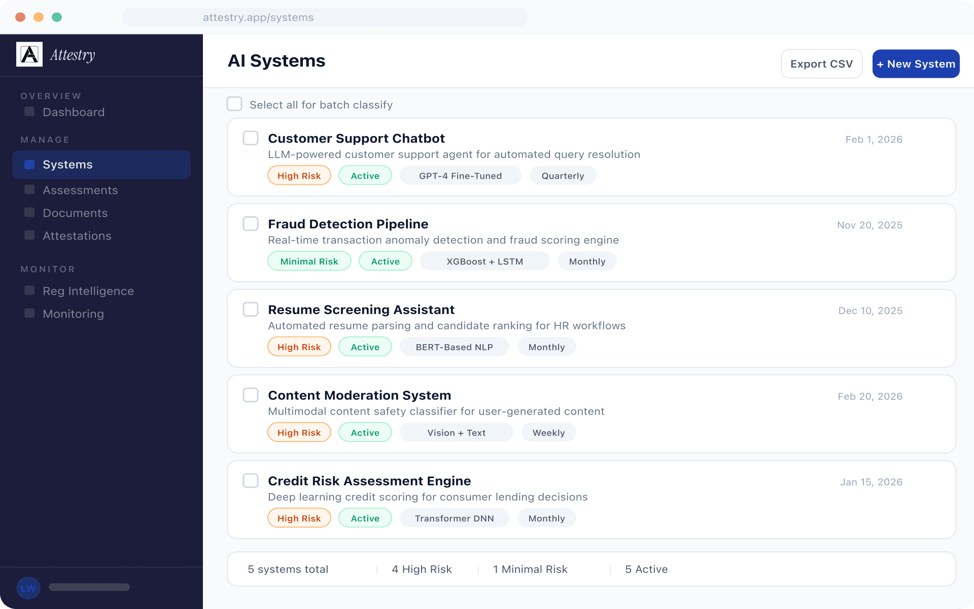 AI systems registry view showing a portfolio of registered systems with risk levels and classification status